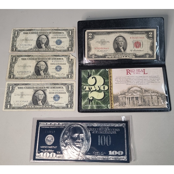 Assorted Series $1 Silver Certificates, $2 Red Seal Bank Note & $100 Silver Certificate Tribute Bank