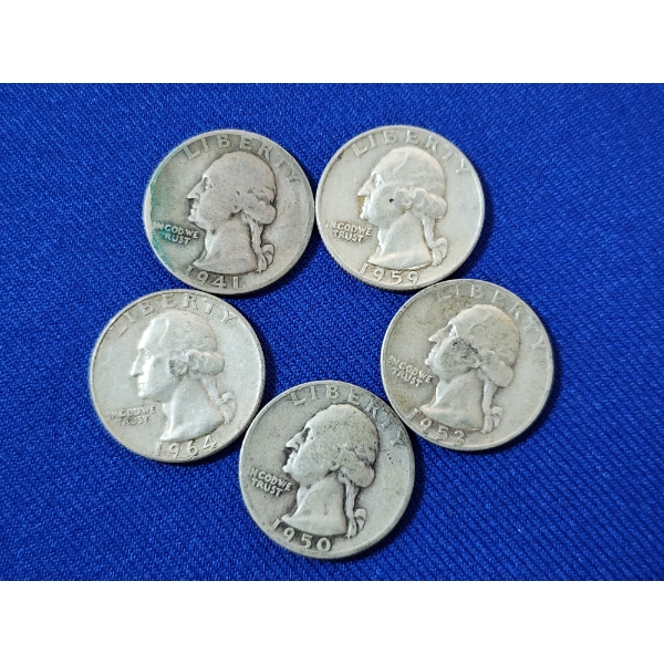 x5 Assorted Years U.S. 90% Silver Washington Quarters FV: $1.25
