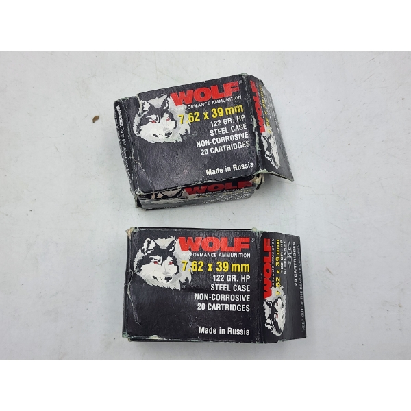 2 Boxes of Wolf 7.62x39mm Rifle Ammunition - 122 Grain HP - Made in Russia