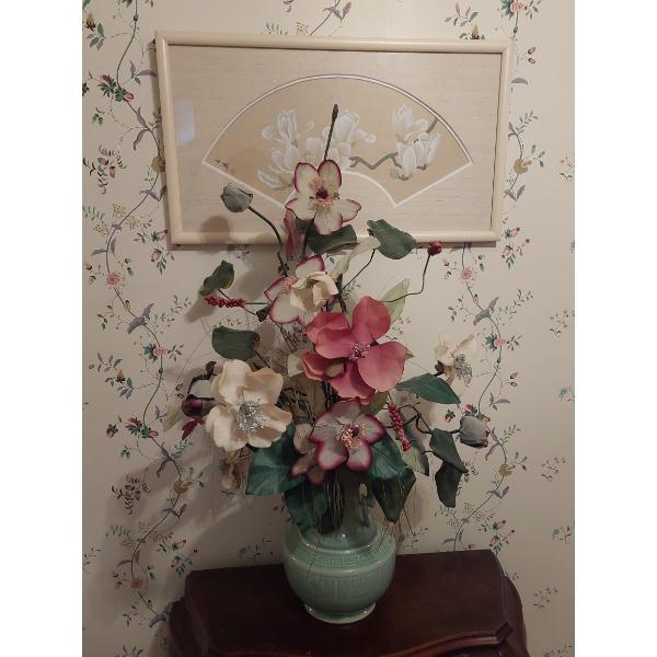 Gorgeous Porcelain Green Vase & Floral Arrangement - See Pics