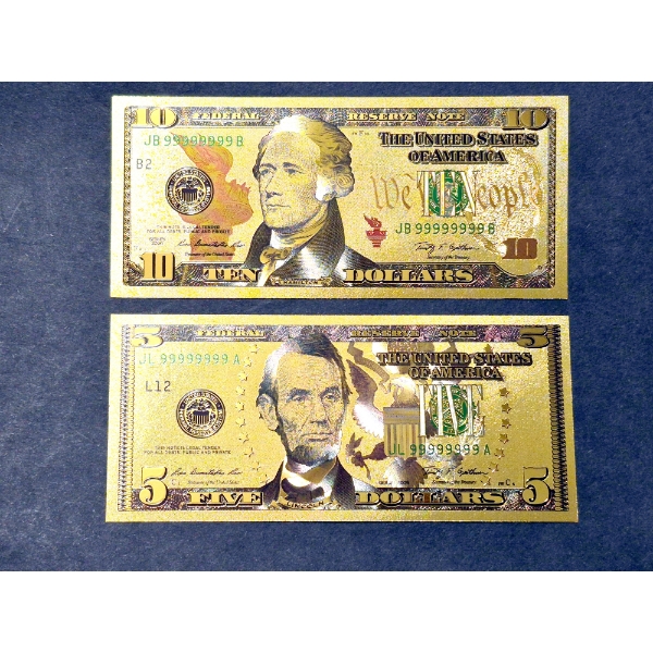 UNITED STATES GOLD FOIL $ 10 & $ 5 NOTE - PURE 24K .999 FINE GOLD FOIL LAMINATED IN PROTECTIVE LAYE