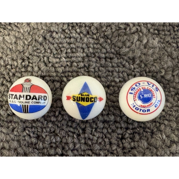 3 - Vintage Gas & Oil Advertising One Inch Shooter Marbles - Sunoco, Iso-Vis & Standard Oil