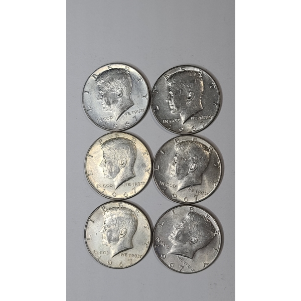 (6) 1967 United States 40% Silver Kennedy Half Dollars - Face Value: $3.00