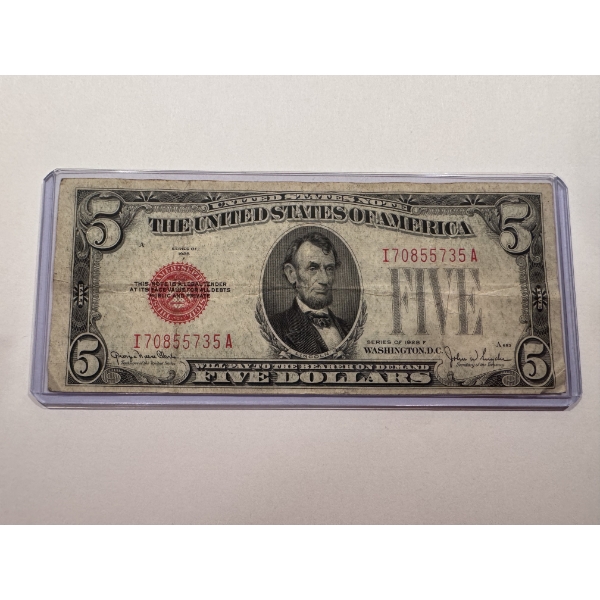 1928-F United States Lincoln $5.00 RED SEAL Bill - Incredible Note In Protective Holder