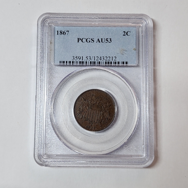 United States 1867 Two Cent Piece Graded by PCGS AU53