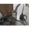 Image 3 : Vintage Collectables Including Small Wood Barrel, Plastic Paint Pail, Corn Knife, Oil Cans, Leather 