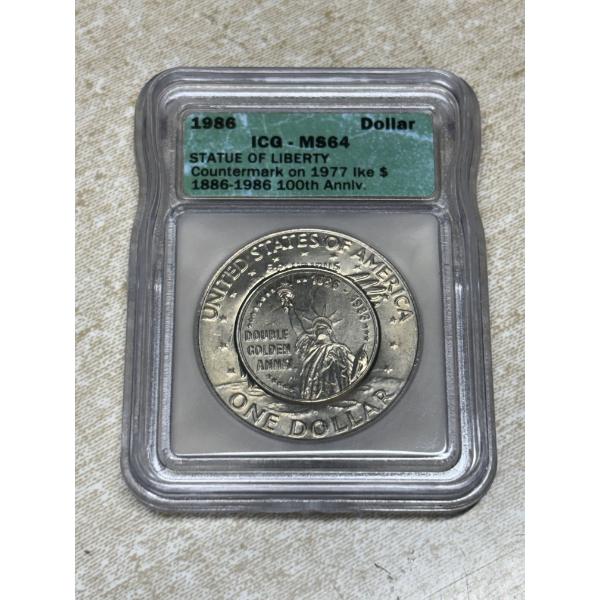 1986 ICG-MS64 Eisenhower Dollar (1977) Stamped with Countermark - Statue of Liberty 