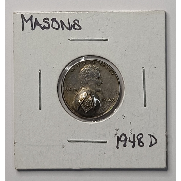 United States 1948-D Lincoln Cent With Masonic Freemason Square And Compasses Counterstamp