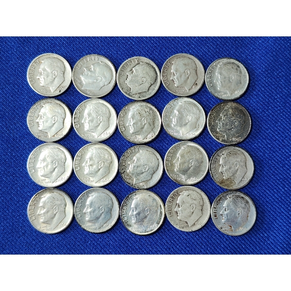 Lot of 20 Assorted Years Silver Roosevelt Dimes - 90% U.S. Silver - Face Value: $2.00