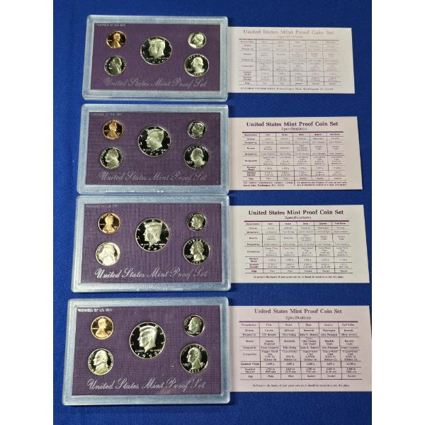 4 United States Mint 5-Coin Proof Sets: 1990-S, 1991-S, 1992-S, 1993-S - w/ Original Packaging & COA