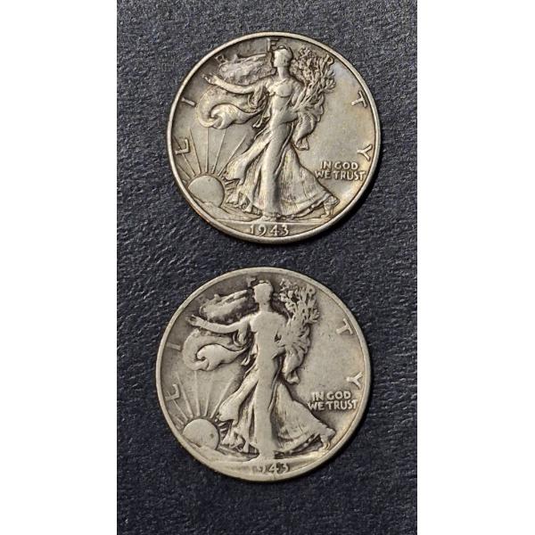 2 Pc 90% Silver Half Dollars - 1943 P / S - See Pics For Condition
