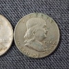 Image 3 : Two 90% Silver United States Franklin & Walking Liberty Half Dollars ~ Face Value $1.00 