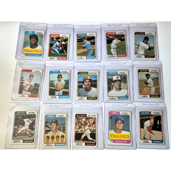 MINT 1974 TOPPS BASEBALL CARDS - 15 ASSORTED SLEEVED CARDS IN NEVER TOUCHED FRESH CONDITION 