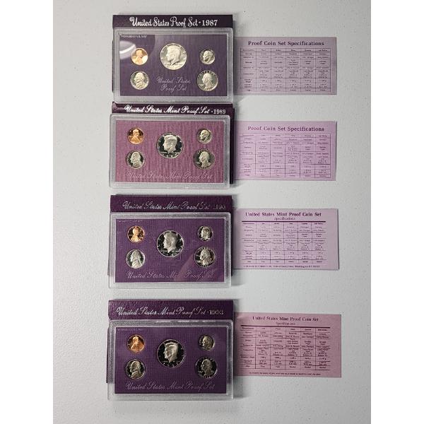 4 U.S. Mint Proof Sets: 1987, 1989, 1990, 1993