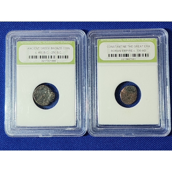 2 INB Ancient Coins: Ancient Greek Bronze Coin & Constantine The Great Era Roman Empire