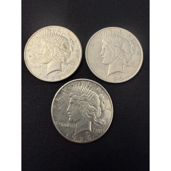 3 - United States Peace Silver Dollars - 1922, 1923 & 1926 - Mint Condition Coins