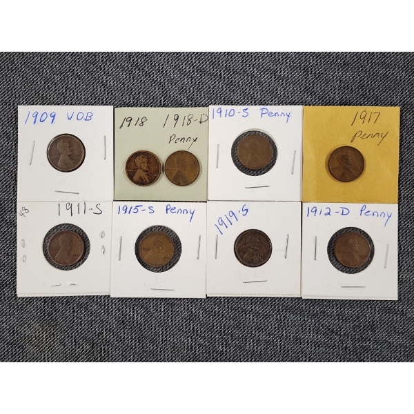 Nine Assorted United States Wheat Pennies Including 1909 VDB!