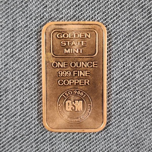 Golden State Mint One Ounce .999 Fine Copper Bar 