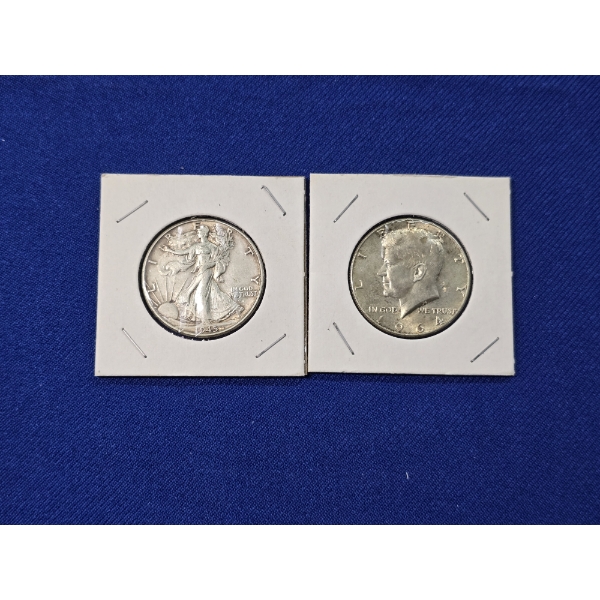 2 - 90% Silver Half Dollar Coins - 1945 Walking Liberty Half Dollar and 1964 Kennedy Half Dollar