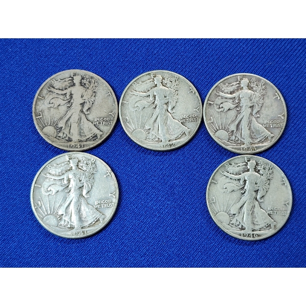 (5) Walking Liberty Silver Half Dollars x2 1941, 1942, x2 1943