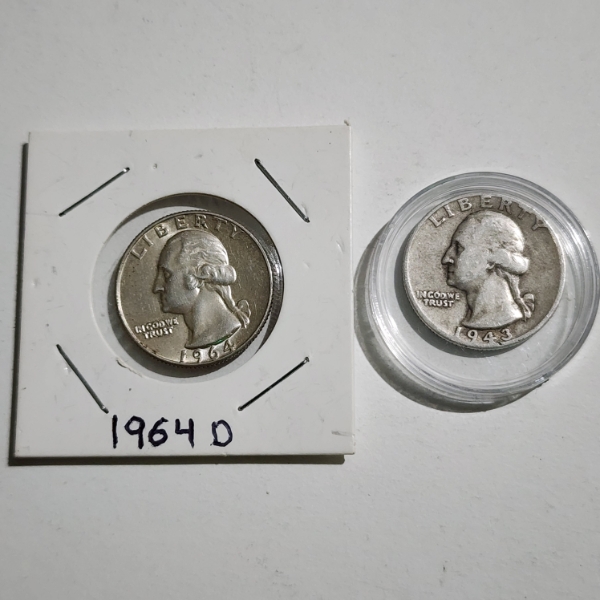 Two 90% Silver Washington Quarters ~ 1964-D & 1943-D ~ $0.50 Face Value-