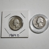 Image 1 : Two 90% Silver Washington Quarters ~ 1964-D & 1943-D ~ $0.50 Face Value-