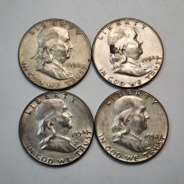 Four 1954 United States 90% Silver Franklin Half Dollars - FV: $2.00