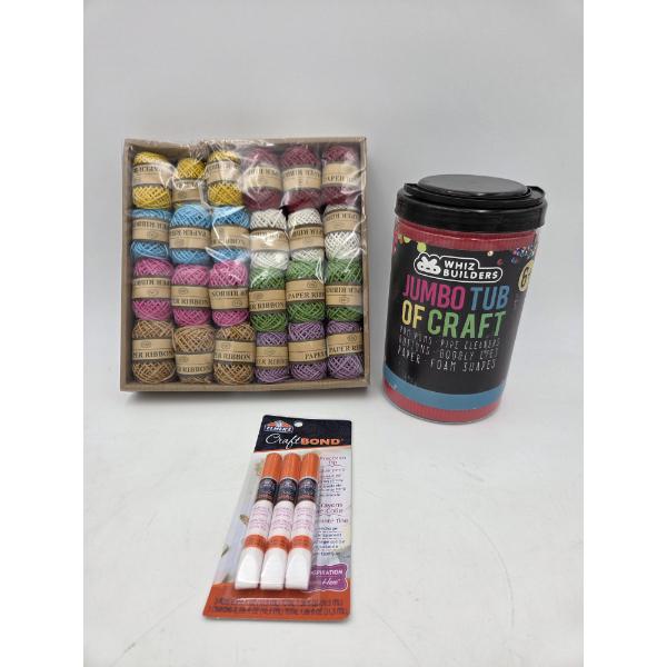 New Craft Supplies Including 3 Pack Of Elmers Craft Bond, Tub Of Supplies & Box Of Paper Ribbon