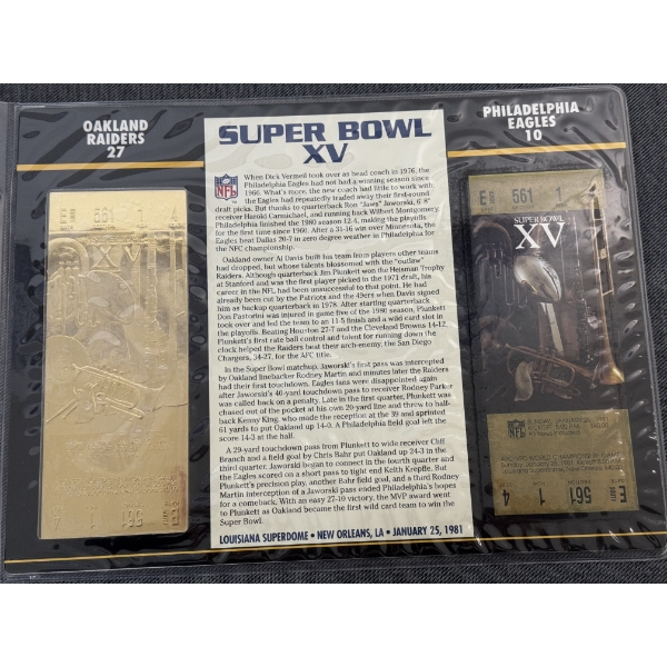 Authentic 1981 Super Bowl XV NFL Football Ticket & 24K Gold Plated Ticket - Mint Condition