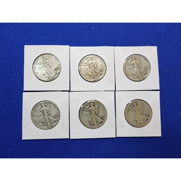 6 Walking Liberty Silver Half Dollars 1941, 1942, Unknown Years FV: $3.00