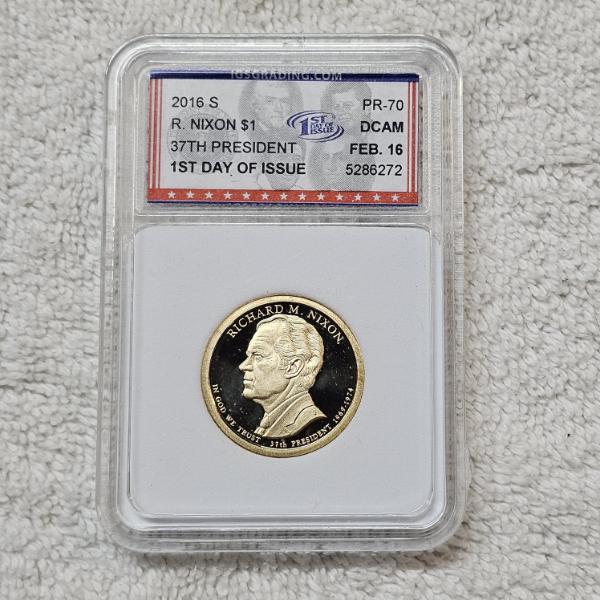 2016-S US Richard Nixon Presidential Dollar graded as PR-70 DCAM by IGS with 1st Day CoA