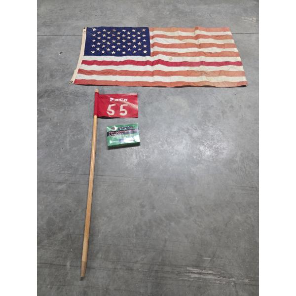 Vintage 54'' Scout Flag & Wood Pole, 3''x5'' Flag & New 10ft Flag String Lights