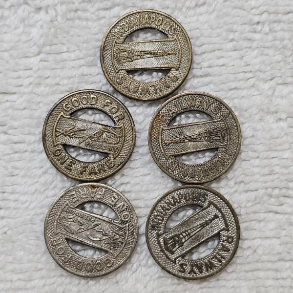 Five Antique Indianapolis Railways Transit Tokens
