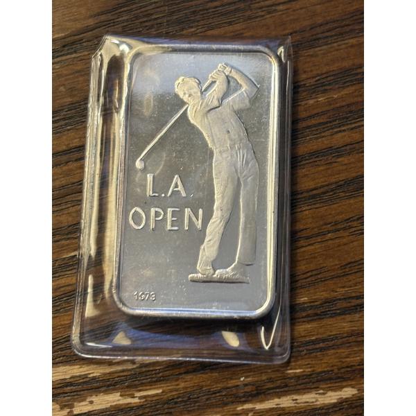 L.A. Open 1973 One Troy Ounce .999 Fine Silver Bar in Plastic Packaging - Made in Switzerland