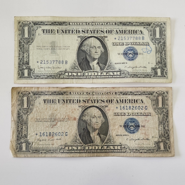 TWO United States Blue Seal *STAR NOTES* $1 Silver Certificates - Face Value $2.00