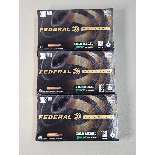 3 Full Boxes of Federal Premium Gold Medal 308 Winchester Ammunition - 60 Rounds Total