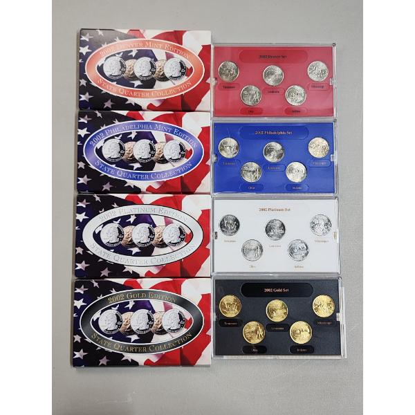 (4) 2002 State Quarter Collection Sets: Gold Edition/Platinum Edition/Philadelphia Mint/Denver Mint