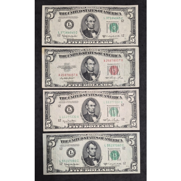 U.S. Currency - 4 Notes -  Three  1950D $5 Green Seal  &  One 1953  $5 Red Seal  -See Pics