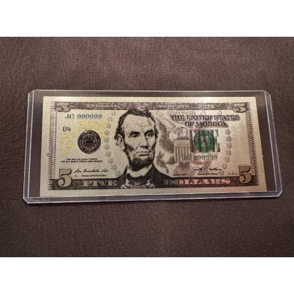Incredible $5.00 Lincoln .99999 Silver Foil Note In Protective Holder - Mint Condition