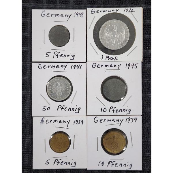Lot of 6 Assorted German Coins Dating Back to 1922 Including War Time Coins!
