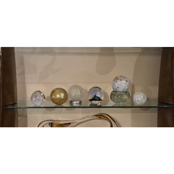Group Lot Art Glass Paper Weights & Gazing Balls With Crystal Candle Holder