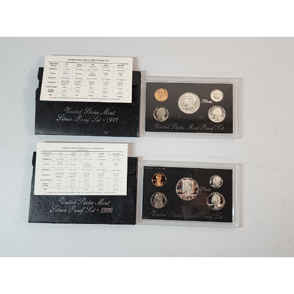 1996 and 1997 United States Mint Silver Proof Sets with Boxes and COA