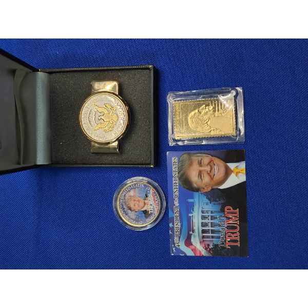 Gold-Plated Trump Coin, Washington Stamp, & Gold-Tone Coin Money Clip