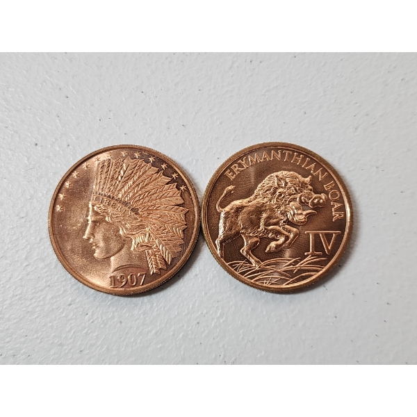 x2 1 oz Fine Copper Rounds: Indian Head & Erymanthian Boar