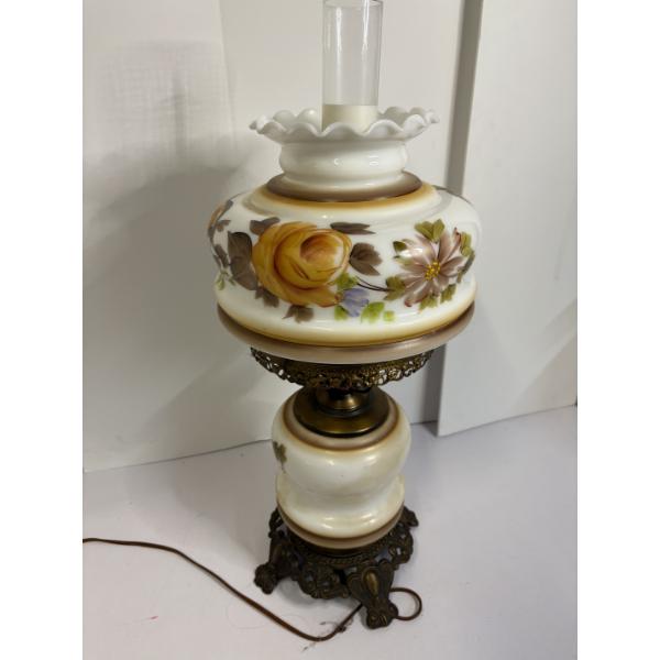 Hurricane lamp featuring a hand-painted floral design on white milk glass - Two-piece design with a 