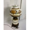 Image 1 : Hurricane lamp featuring a hand-painted floral design on white milk glass - Two-piece design with a 