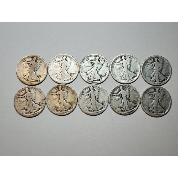 x10 Assorted Years Silver Walking Liberty Half Dollars Face Value: $5.00