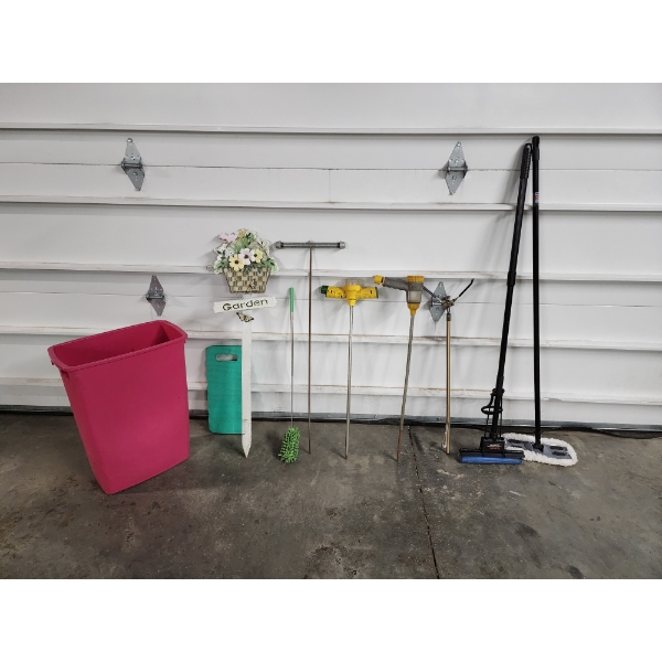 Assorted Garden and Cleaning Items with Trash Can