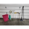 Image 1 : Assorted Garden and Cleaning Items with Trash Can