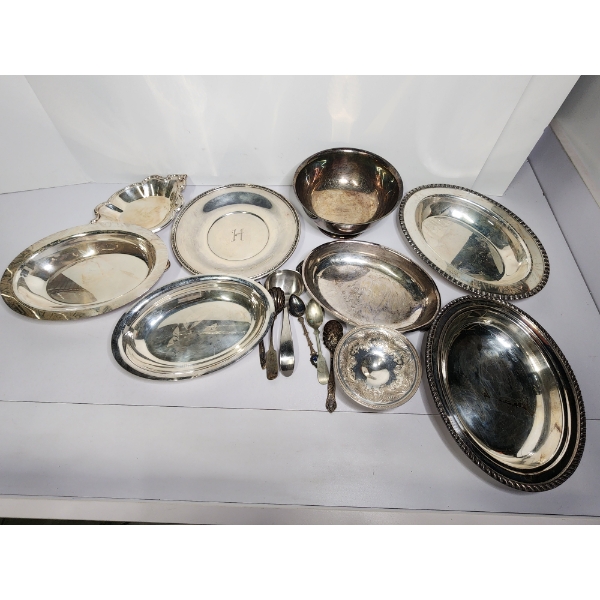Large Assortment - OVER 8 POUNDS - of Silverplated Flatware, Trays, and Bowls
